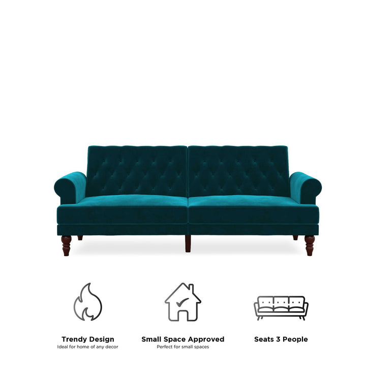 Upholstered Cassidy Futon with Rolled Arms and Button Tufted Details - Green