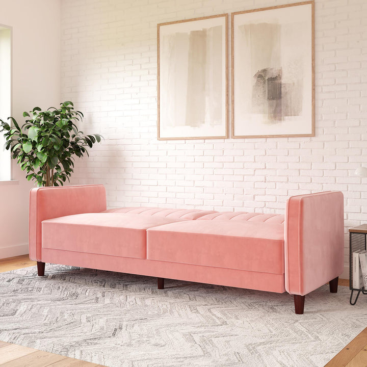 Pin Tufted Transitional Futon with Vertical Stitching and Button Tufting - Pink