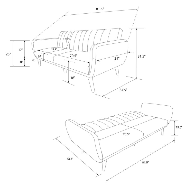 Brittany Futon with Vertical Channel Tufting and Curved Armrests - Navy