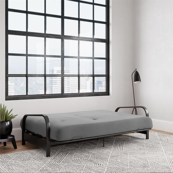 Cleo Black Metal Arm Full Size Futon Frame with 6 Inch Mattress - Gray - Full