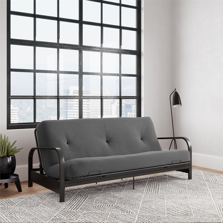 Cleo Black Metal Arm Full Size Futon Frame with 6 Inch Mattress - Gray - Full