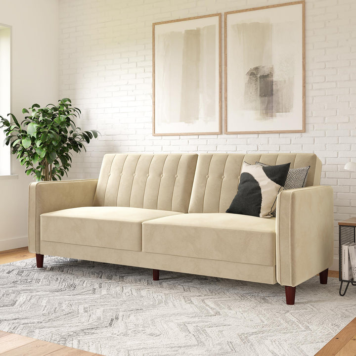 Pin Tufted Transitional Futon with Vertical Stitching and Button Tufting - Tan