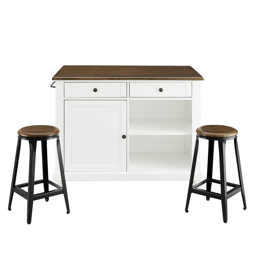 Kelsey Kitchen Island with 2 Stools and Drawers - White