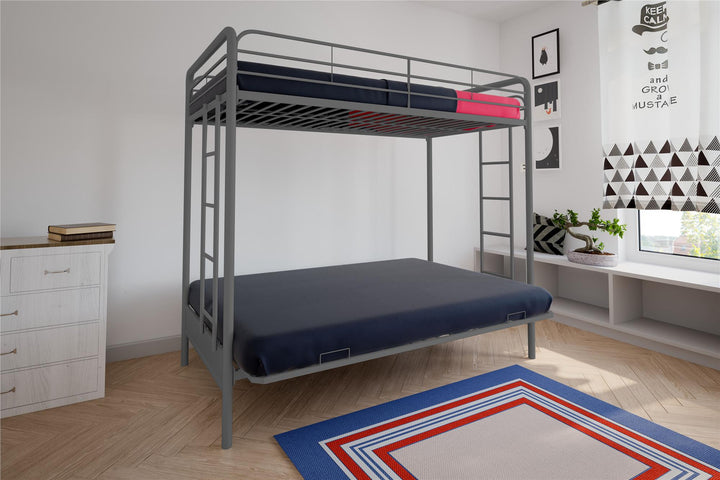 Sammuel Twin over Futon Metal Bunk Bed with Integrated Ladders and Guardrails - Silver - Twin-Over-Futon