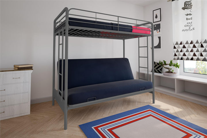 Sammuel Twin over Futon Metal Bunk Bed with Integrated Ladders and Guardrails - Silver - Twin-Over-Futon