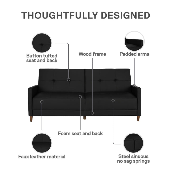 Andora Tufted Upholstered Coil Futon with Wooden Legs - Black Faux Leather