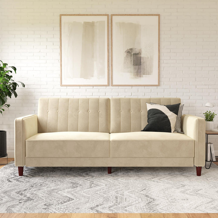 Pin Tufted Transitional Futon with Vertical Stitching and Button Tufting - Tan