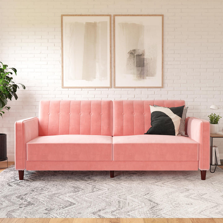 Pin Tufted Transitional Futon with Vertical Stitching and Button Tufting - Pink