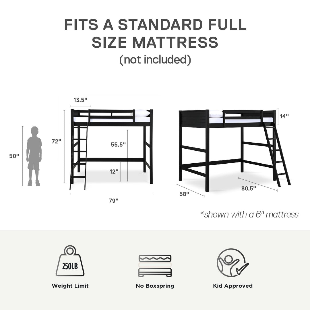 Denver Wooden Kids Loft Bed with Storage Space - Black