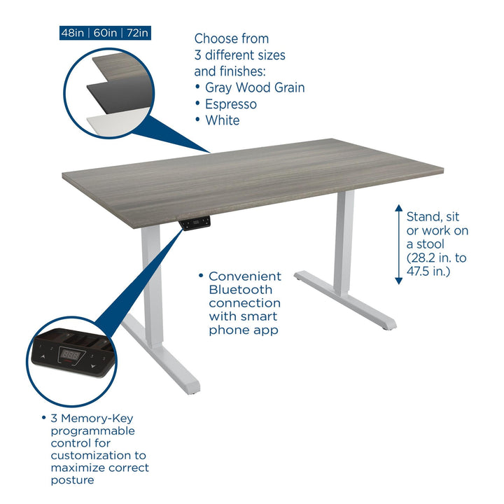 Sit and Stand 60 Inch Adjustable Height Pro-Desk with LED Control Panel - Gray (Wood Grain) - 5’ Straight