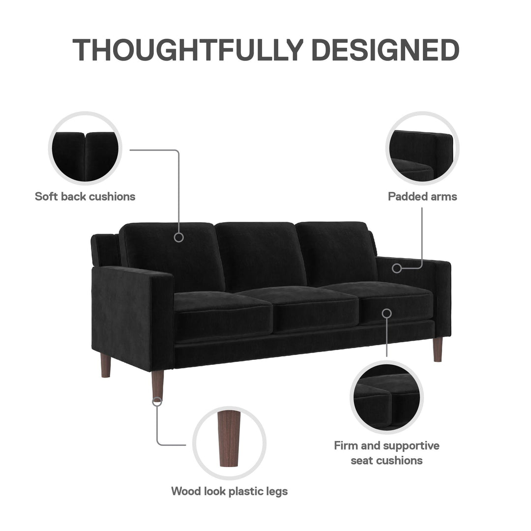 Brynn Fabric Upholstered 3 Seater Sofa with Wood Legs - Black