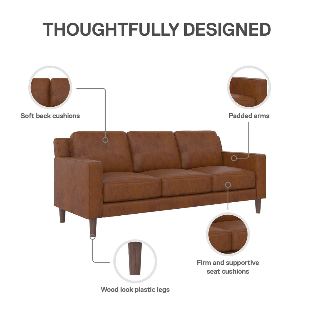 Brynn Fabric Upholstered 3 Seater Sofa with Wood Legs - Camel Faux Leather