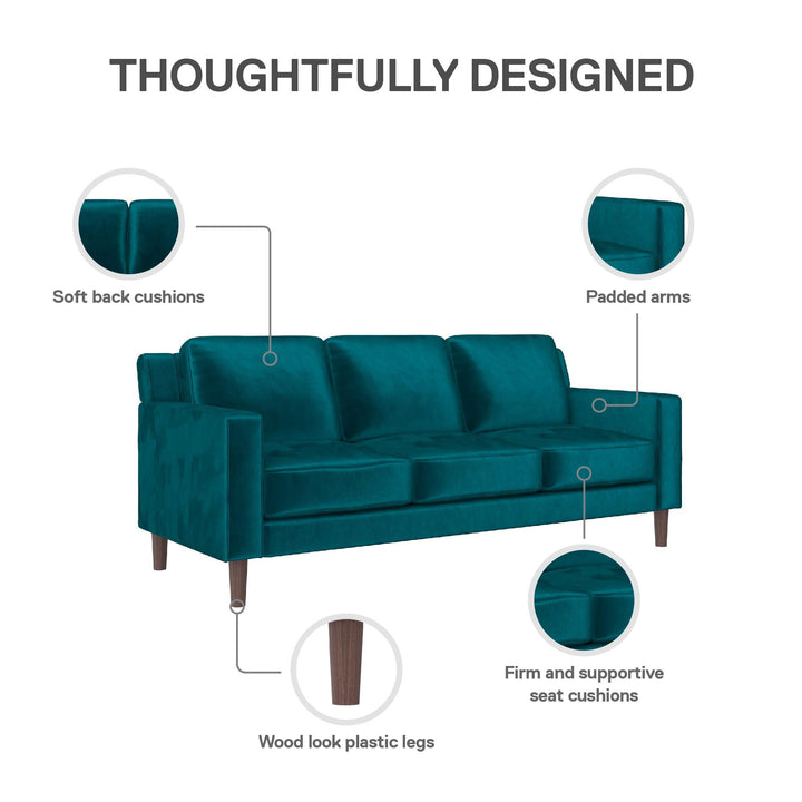 Brynn Fabric Upholstered 3 Seater Sofa with Wood Legs - Green