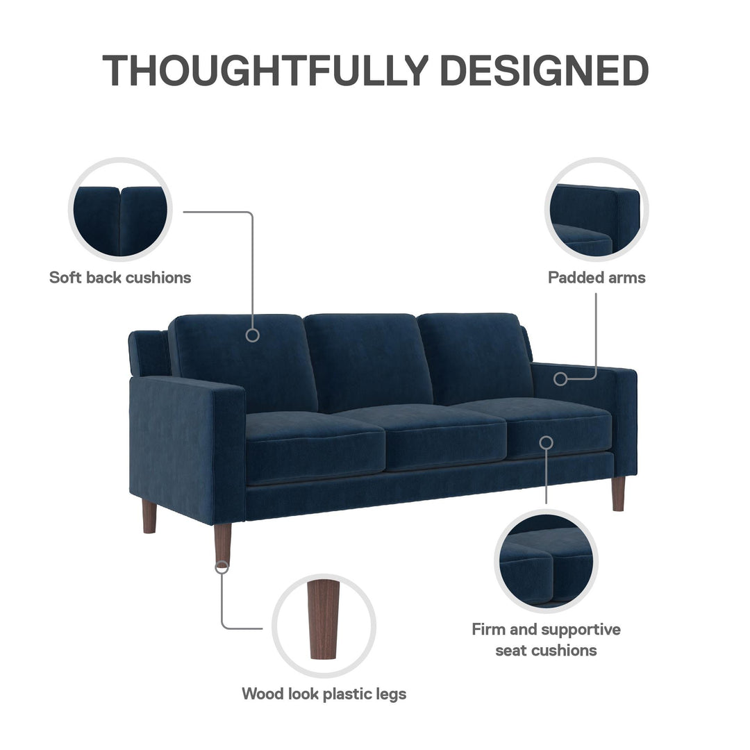 Brynn Fabric Upholstered 3 Seater Sofa with Wood Legs - Blue