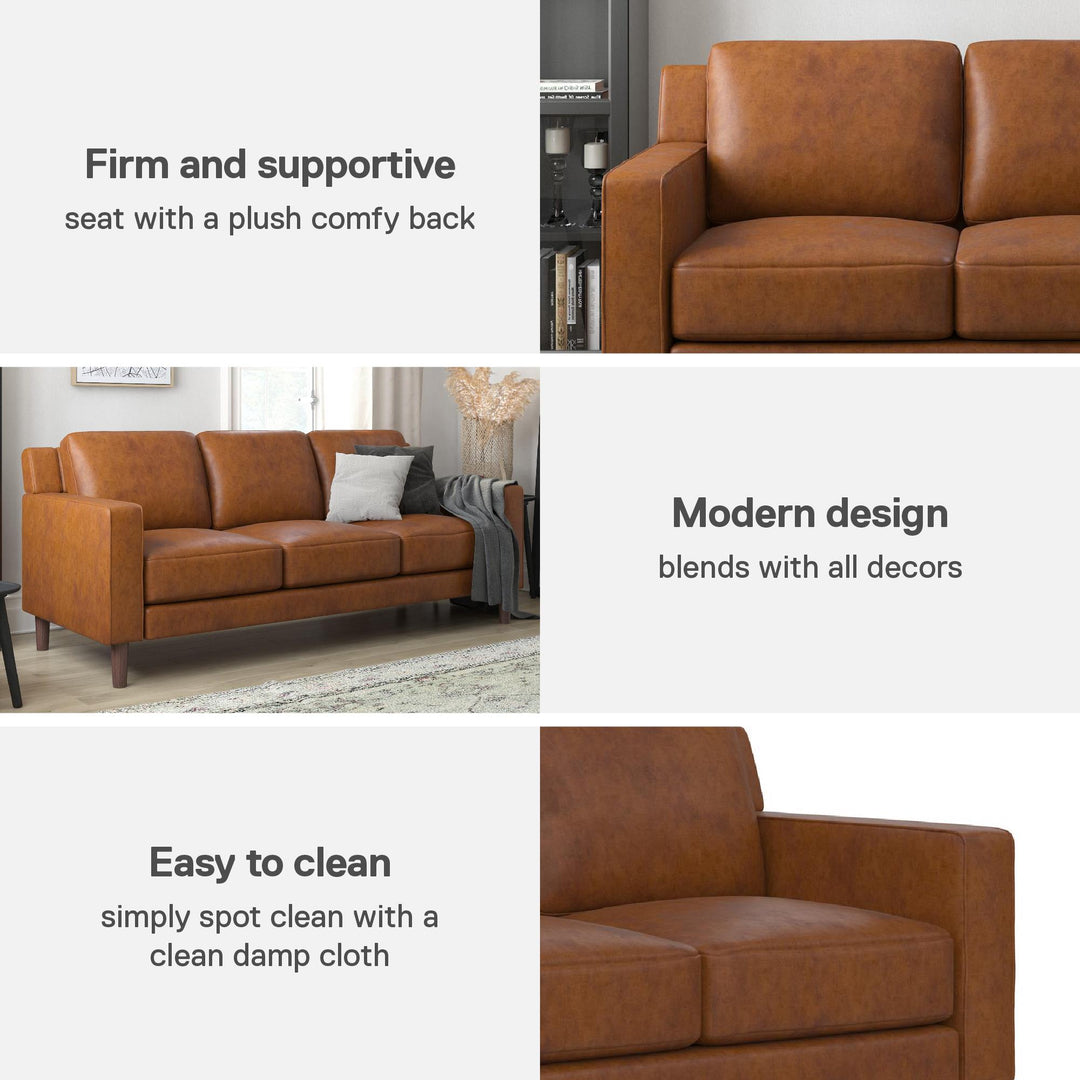 Brynn Fabric Upholstered 3 Seater Sofa with Wood Legs - Camel Faux Leather