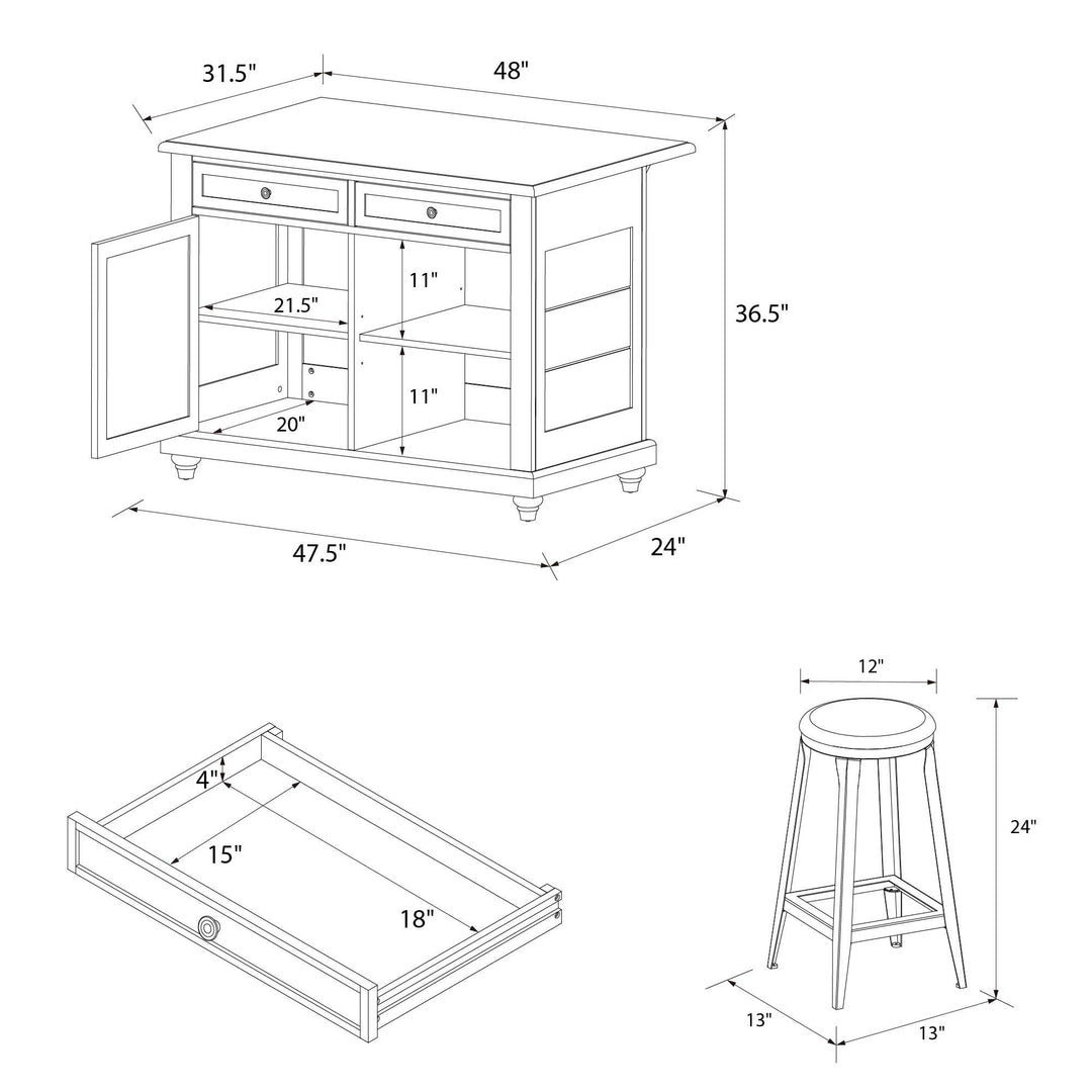 Kelsey Kitchen Island with 2 Stools and Drawers - White