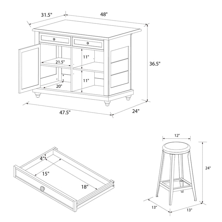 Kelsey Kitchen Island with 2 Stools and Drawers - White