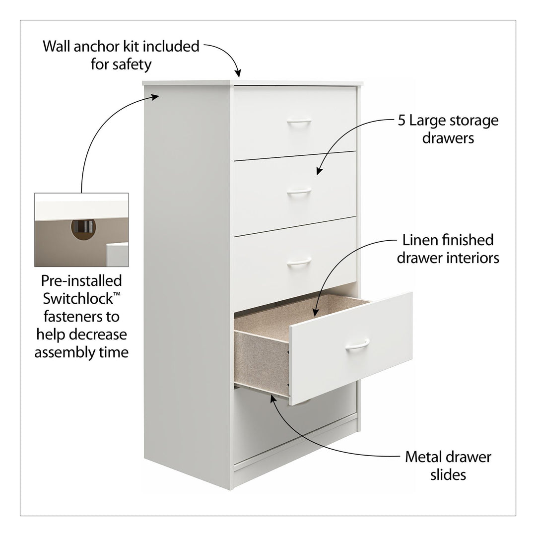 Rory Tall 5 Drawer Dresser - Rustic Oak