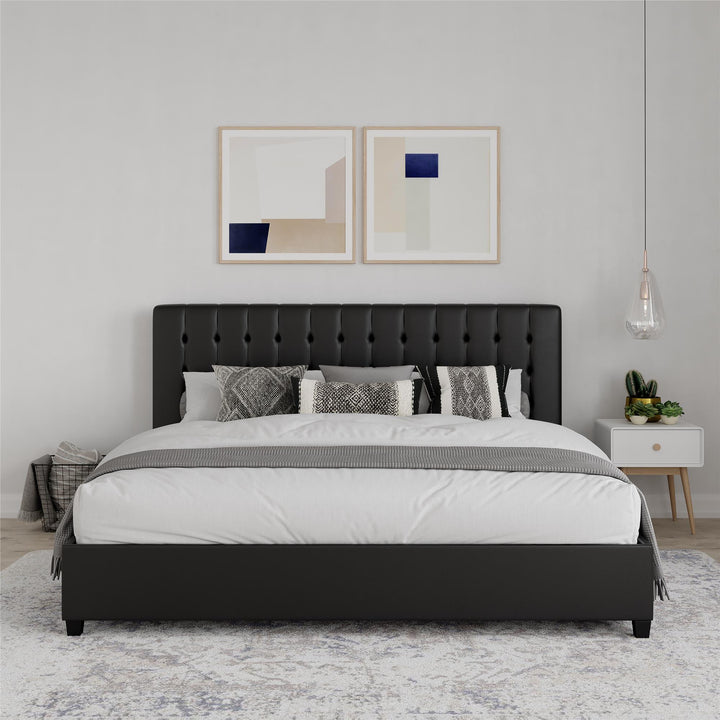 Emily Tufted Upholstered Bed with Wooden slats and Frame - Black Faux Leather - King