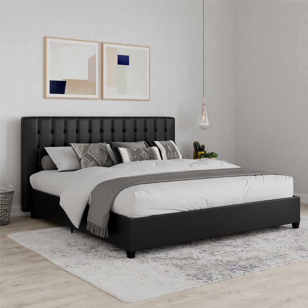 Emily Tufted Upholstered Bed with Wooden slats and Frame - Black Faux Leather - King