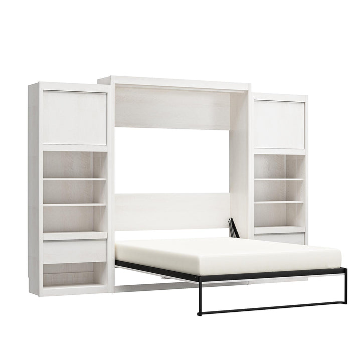 Paramount Queen Murphy Bed with 2 Bedside Bookcase Cabinets & Slide-Out Nightstands - Ivory Oak - Queen