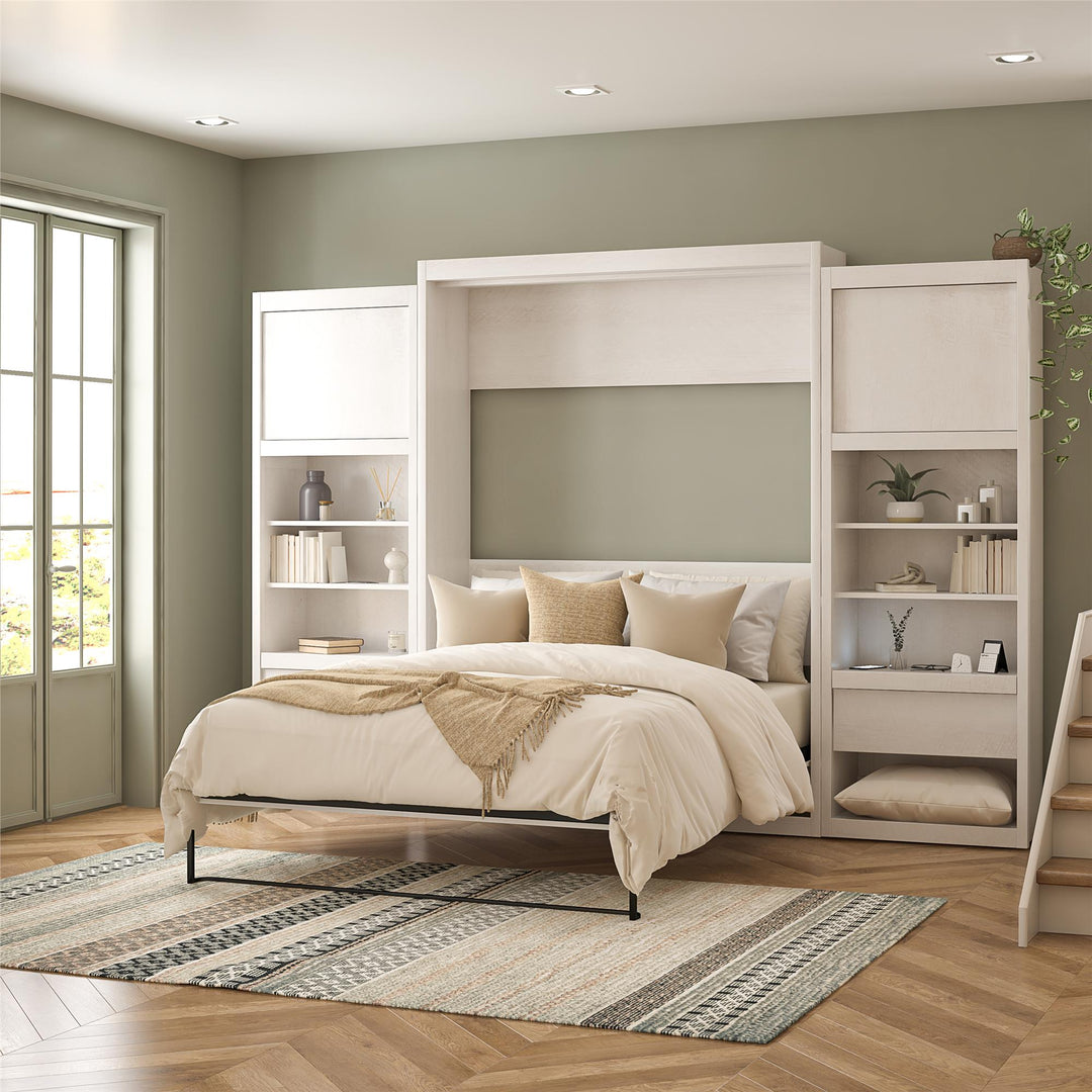 Paramount Queen Murphy Bed with 2 Bedside Bookcase Cabinets & Slide-Out Nightstands - Ivory Oak - Queen