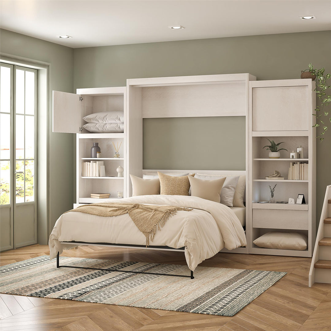 Paramount Queen Murphy Bed with 2 Bedside Bookcase Cabinets & Slide-Out Nightstands - Ivory Oak - Queen