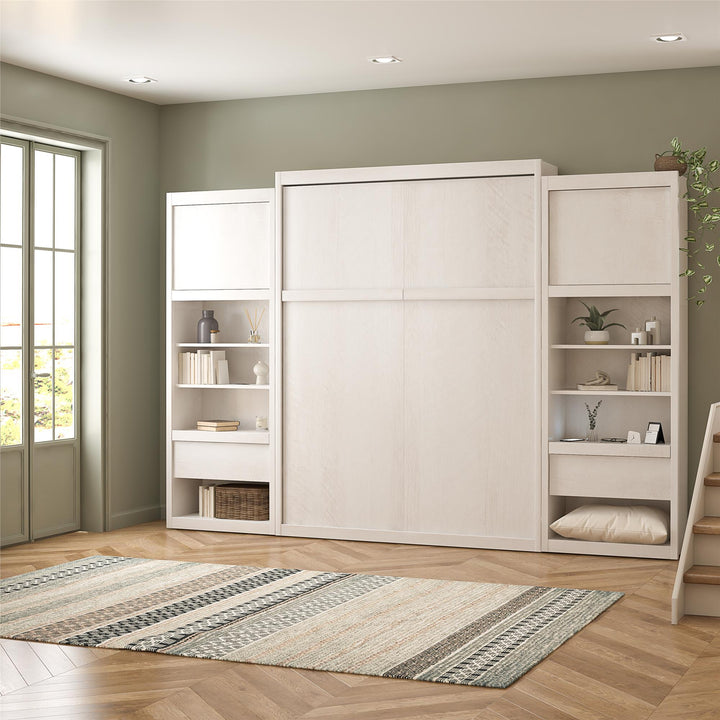 Paramount Queen Murphy Bed with 2 Bedside Bookcase Cabinets & Slide-Out Nightstands - Ivory Oak - Queen