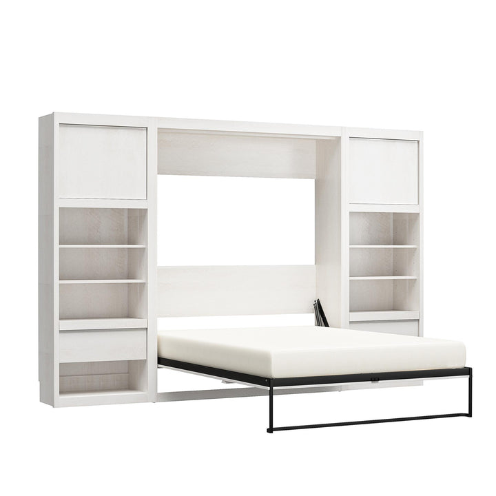 Paramount Full Murphy Bed with 2 Bedside Bookcase Cabinets & Slide-Out Nightstands - Ivory Oak - Full