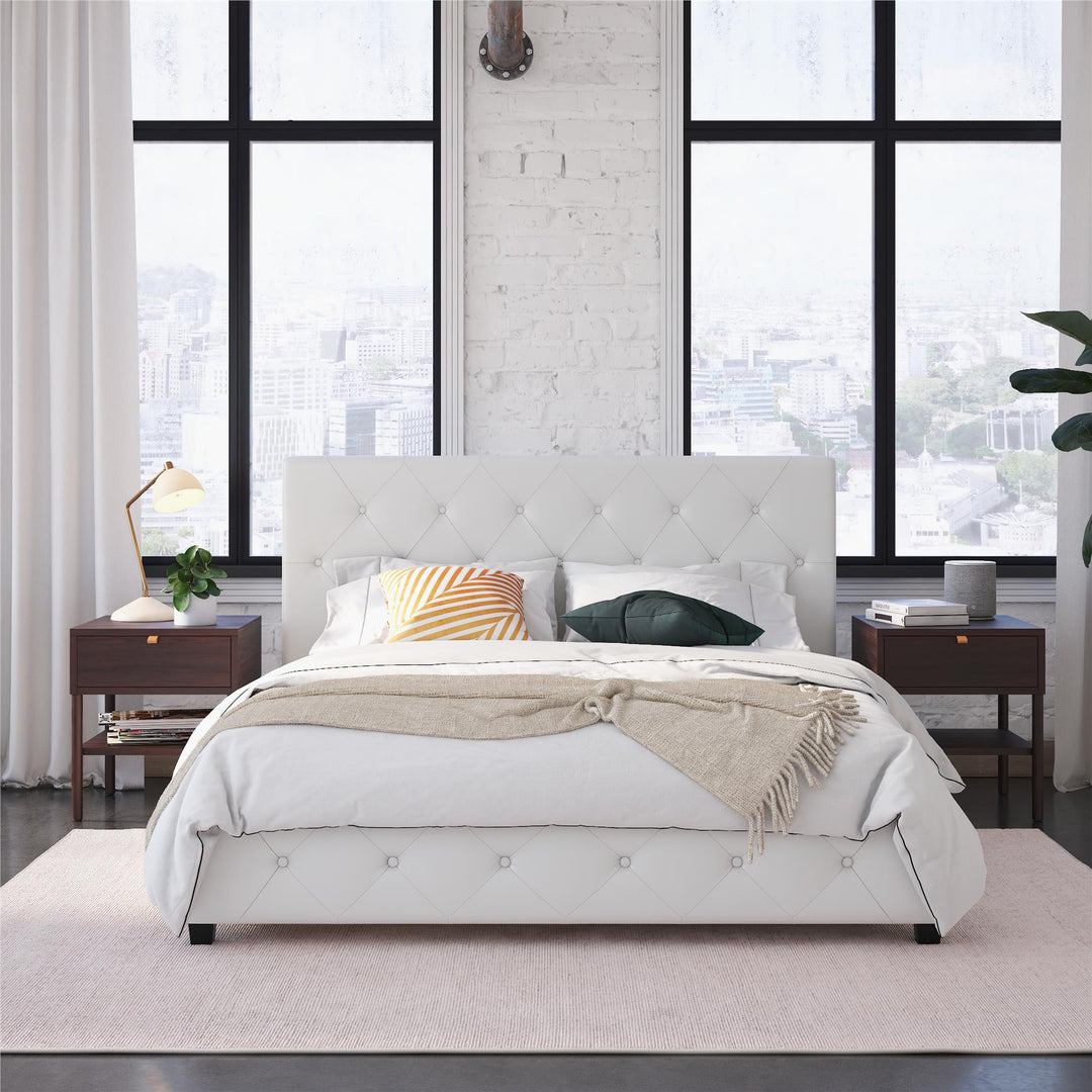 Dakota Upholstered Platform Bed With Diamond Button Tufted Heaboard - White Faux leather - Queen