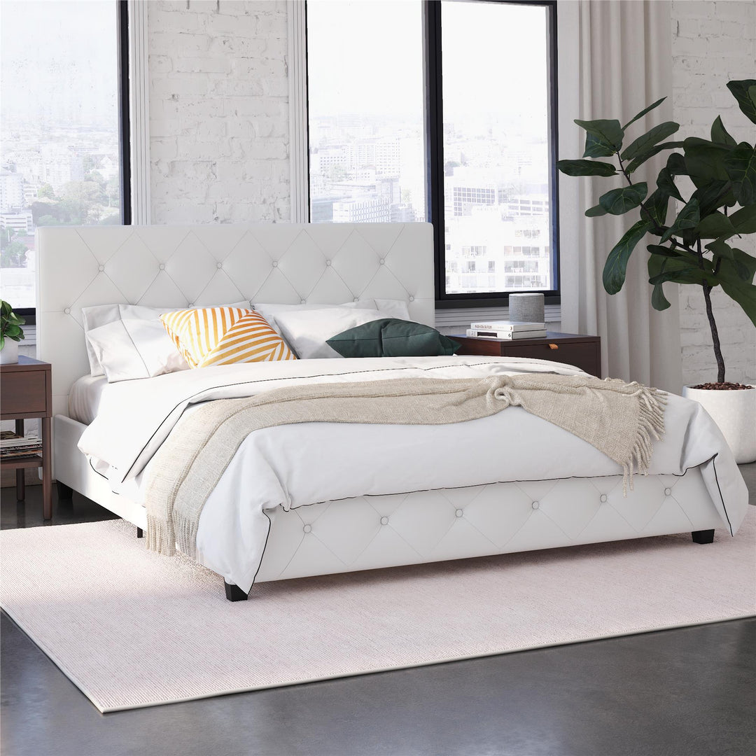 Dakota Upholstered Platform Bed With Diamond Button Tufted Heaboard - White Faux leather - Queen