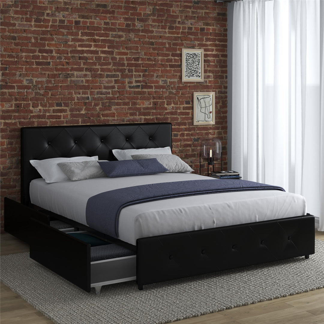 Dakota Upholstered Bed with Left Or Right Storage Drawers - Black Faux Leather - Queen