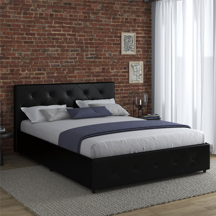 Dakota Upholstered Bed with Left Or Right Storage Drawers - Black Faux Leather - Queen