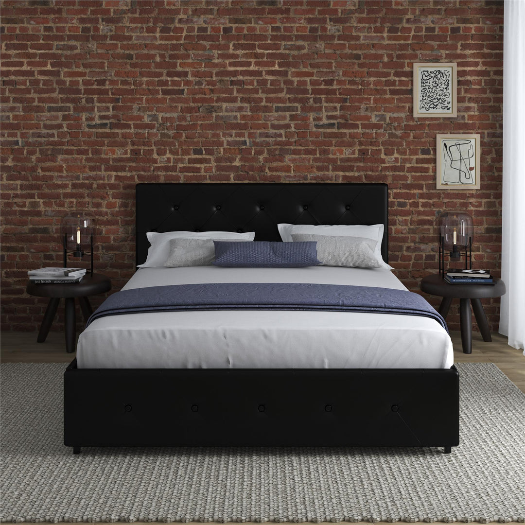 Dakota Upholstered Bed with Left Or Right Storage Drawers - Black Faux Leather - Queen