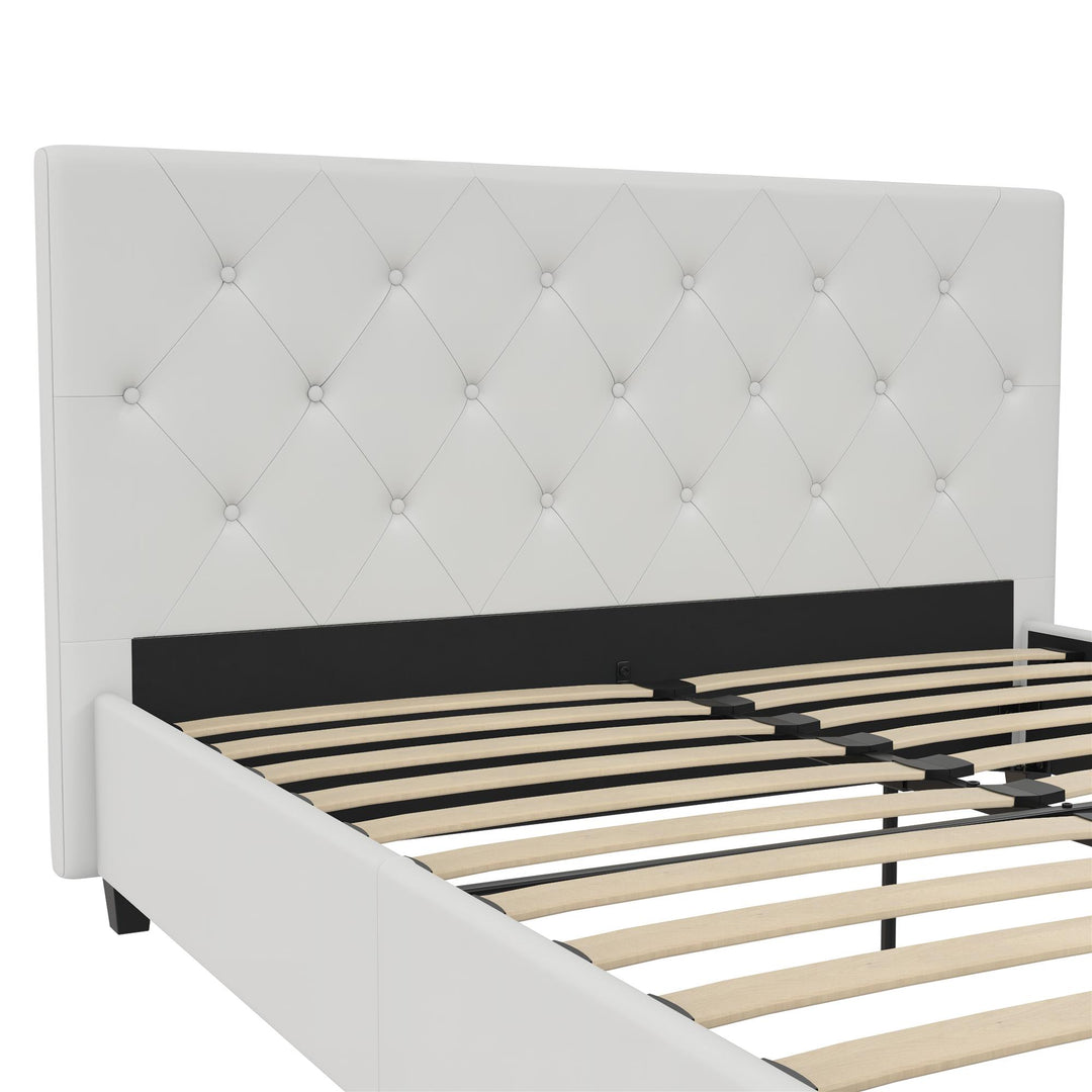 Dakota Upholstered Platform Bed With Diamond Button Tufted Heaboard - White Faux leather - Queen