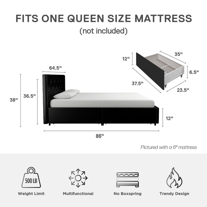 Dakota Upholstered Bed with Left Or Right Storage Drawers - Black Faux Leather - Queen