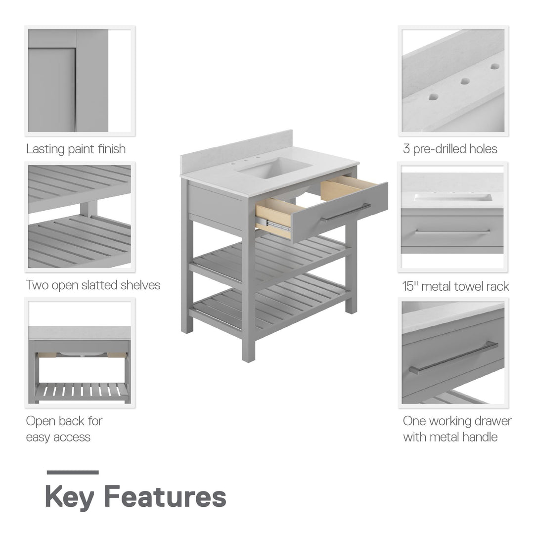 Camden Bathroom Vanity with Ceramic Sink and Metal Towel Rack - Gray - 36"