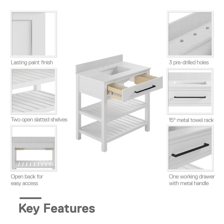 Camden Bathroom Vanity with Ceramic Sink and Metal Towel Rack - White - 36"