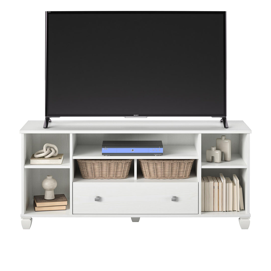 Brett TV Stand for TVs up to 64" with 7 Open Shelves and 1 Drawer - White