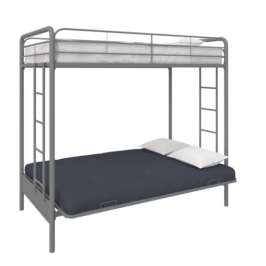 Sammuel Twin over Futon Metal Bunk Bed with Integrated Ladders and Guardrails - Silver - Twin-Over-Futon