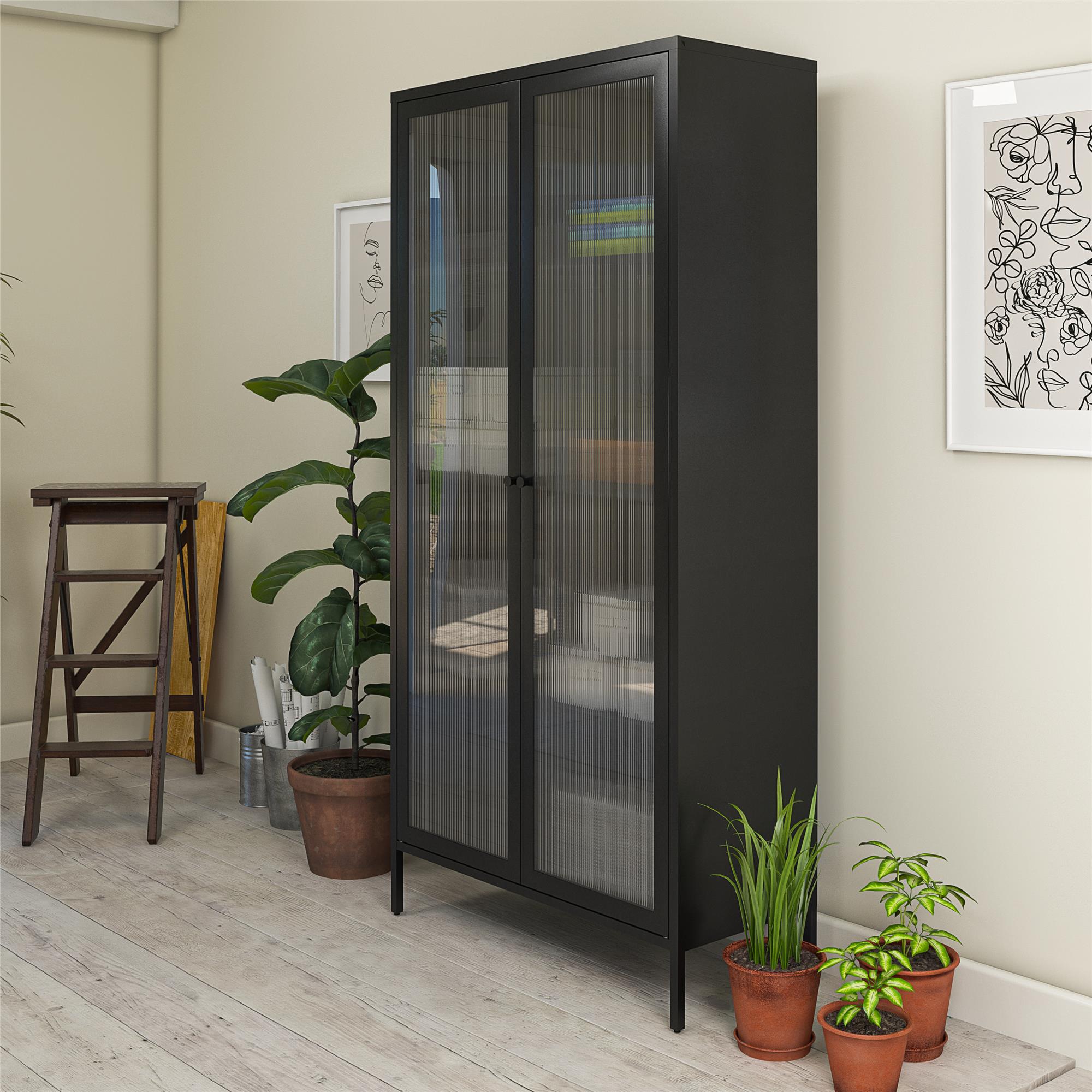 Tall glass online door storage cabinet