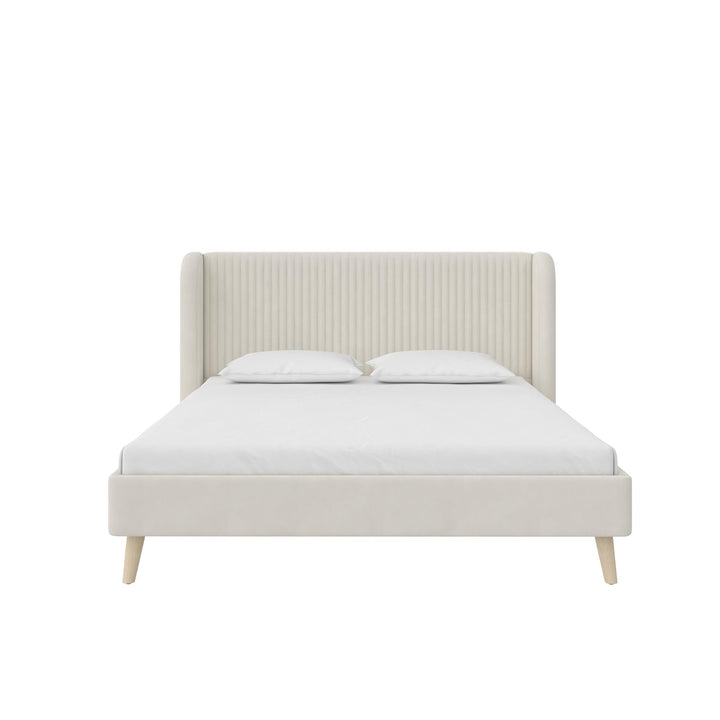 Holly Upholstered Wingback Bed with Vertical Ribbed Tufting - Ivory - Queen