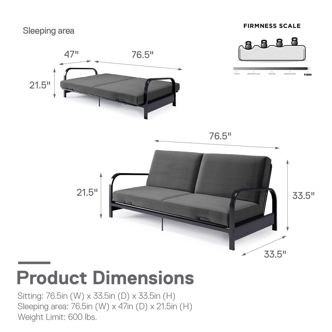 DHP Elbern Black Metal Arm Futon Frame with Microfiber Slipcover - Gray - Full