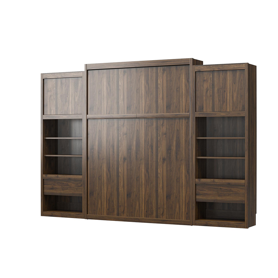 Paramount Queen Murphy Bed with 2 Bedside Bookcase Cabinets & Slide-Out Nightstands - Columbia Walnut - Queen