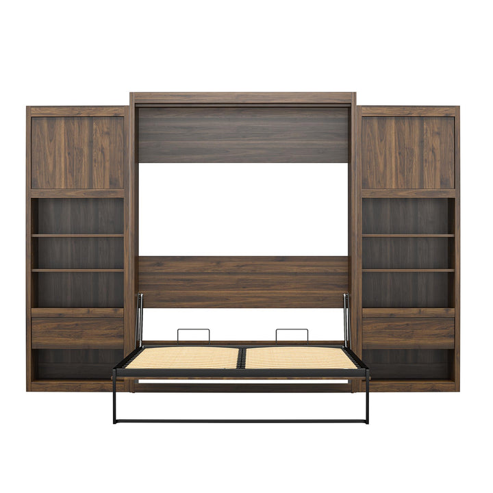 Paramount Queen Murphy Bed with 2 Bedside Bookcase Cabinets & Slide-Out Nightstands - Columbia Walnut - Queen