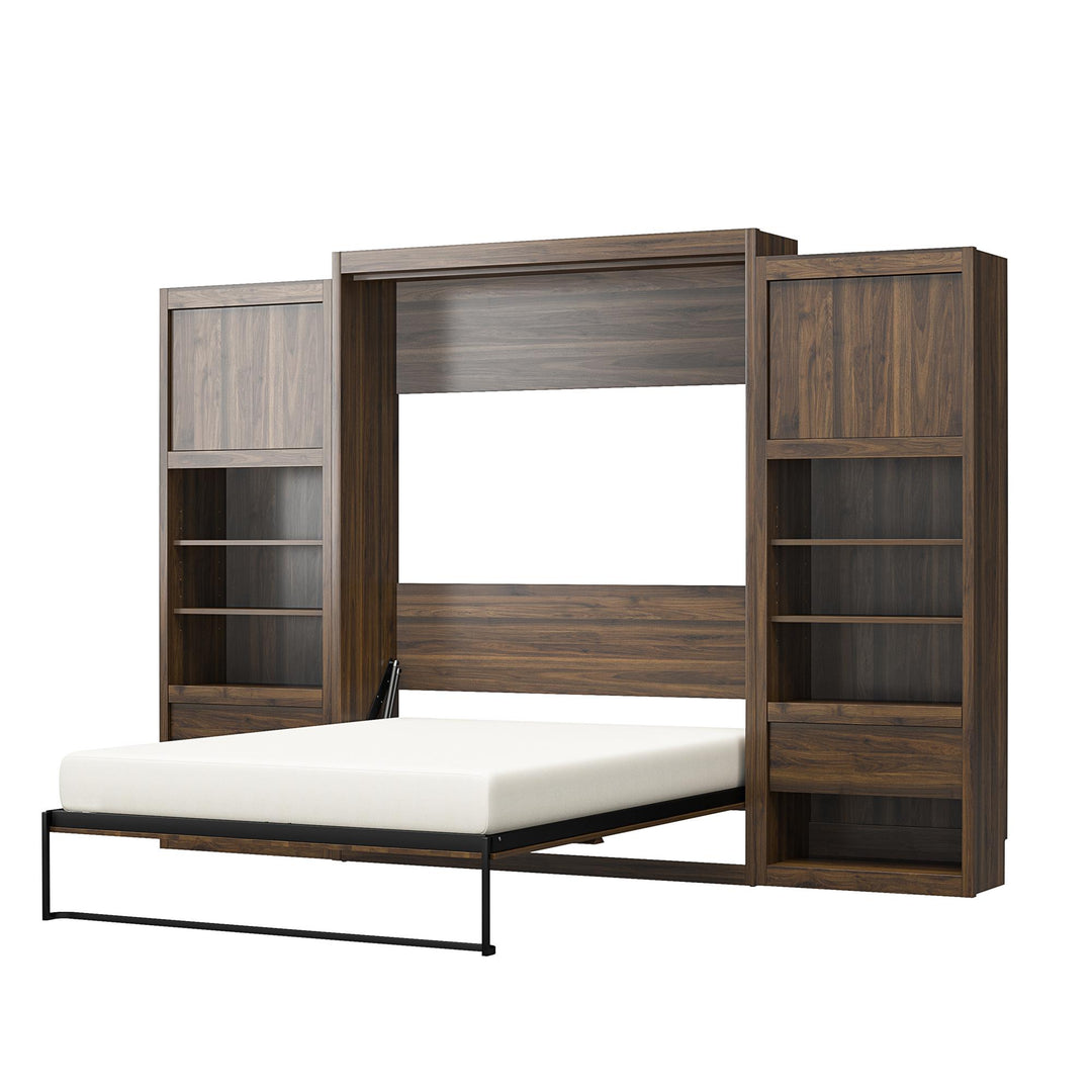 Paramount Queen Murphy Bed with 2 Bedside Bookcase Cabinets & Slide-Out Nightstands - Columbia Walnut - Queen