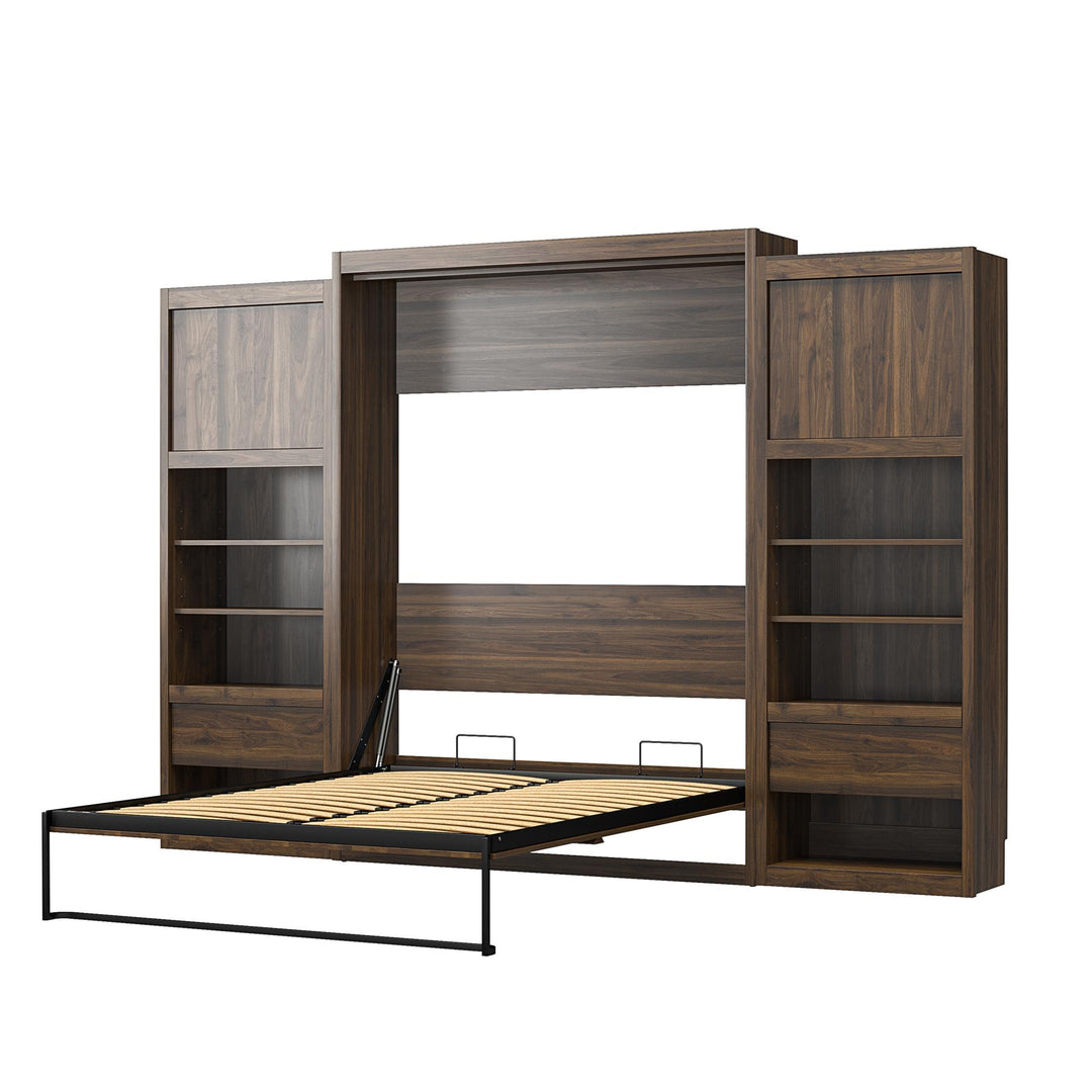 Paramount Queen Murphy Bed with 2 Bedside Bookcase Cabinets & Slide-Out Nightstands - Columbia Walnut - Queen