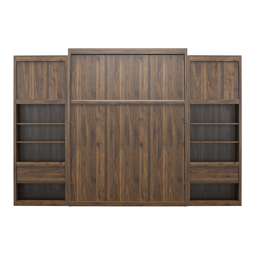 Paramount Queen Murphy Bed with 2 Bedside Bookcase Cabinets & Slide-Out Nightstands - Columbia Walnut - Queen