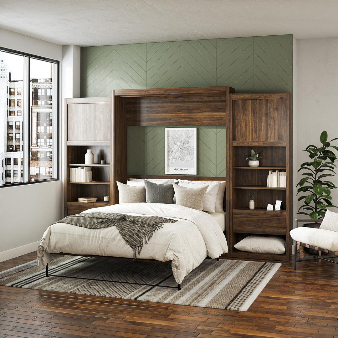 Paramount Queen Murphy Bed with 2 Bedside Bookcase Cabinets & Slide-Out Nightstands - Columbia Walnut - Queen