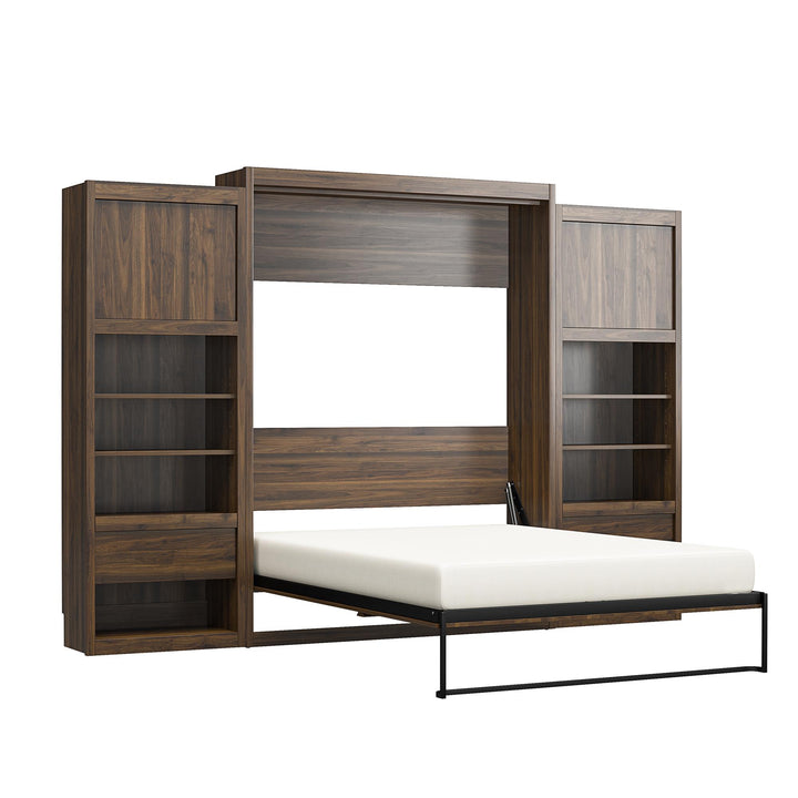 Paramount Queen Murphy Bed with 2 Bedside Bookcase Cabinets & Slide-Out Nightstands - Columbia Walnut - Queen